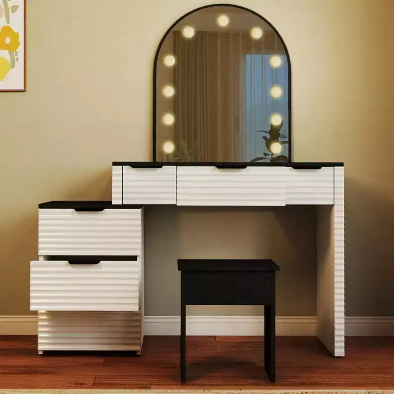 AEELLEEA Makeup Vanity Desk with Mirror Lights Glass Tabletop Vanity Table Modern Makeup Desk with Drawers for Bedroom US Plug