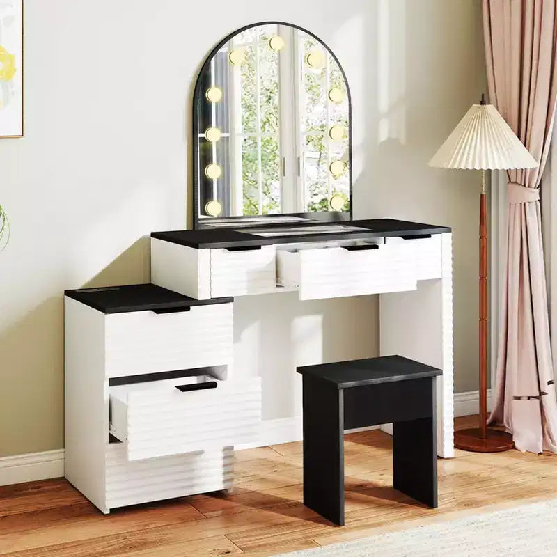 Makeup Vanity Desk with Mirror Lights Glass Tabletop Vanity Table Modern Makeup Desk with Drawers for Bedroom US Plug