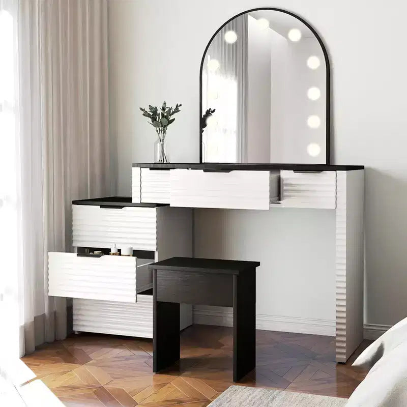 Makeup Vanity Desk with Mirror Lights Glass Tabletop Vanity Table Modern Makeup Desk with Drawers for Bedroom US Plug