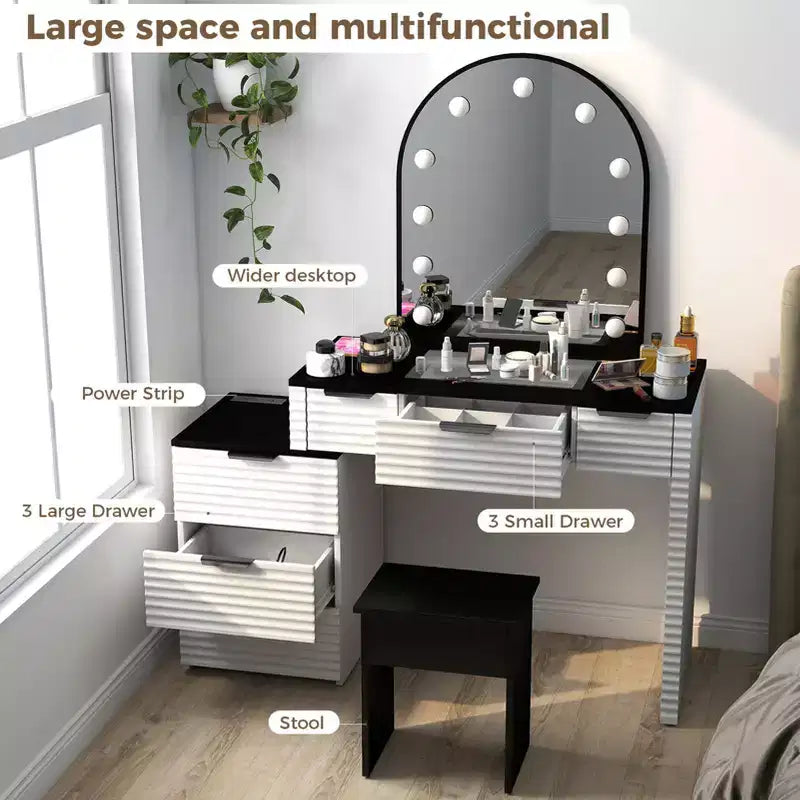 Makeup Vanity Desk with Mirror Lights Glass Tabletop Vanity Table Modern Makeup Desk with Drawers for Bedroom US Plug