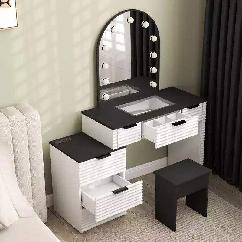 Makeup Vanity Desk with Mirror Lights Glass Tabletop Vanity Table Modern Makeup Desk with Drawers for Bedroom US Plug