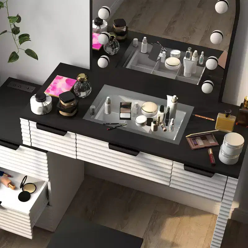 Makeup Vanity Desk with Mirror Lights Glass Tabletop Vanity Table Modern Makeup Desk with Drawers for Bedroom US Plug