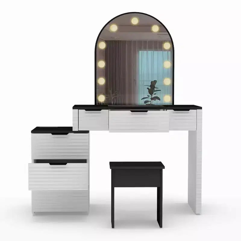 Makeup Vanity Desk with Mirror Lights Glass Tabletop Vanity Table Modern Makeup Desk with Drawers for Bedroom US Plug