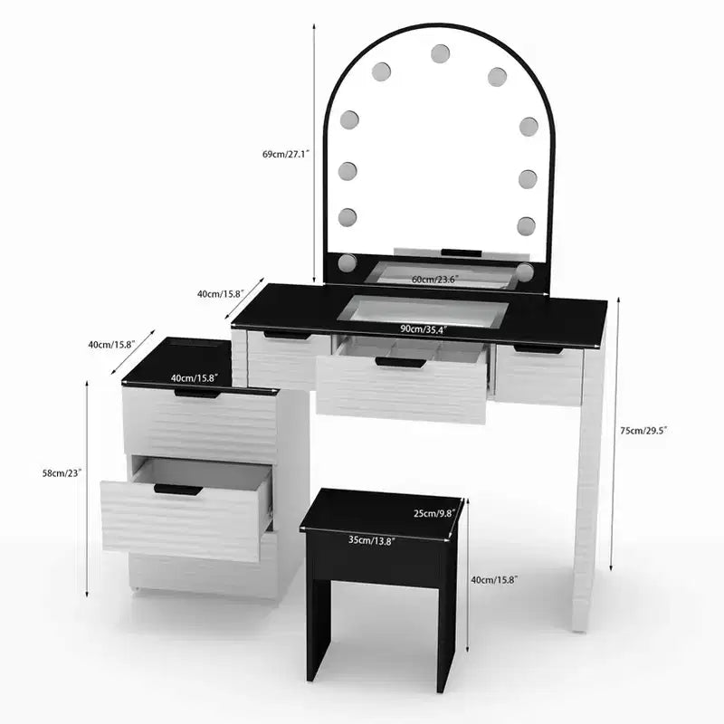 Makeup Vanity Desk with Mirror Lights Glass Tabletop Vanity Table Modern Makeup Desk with Drawers for Bedroom US Plug
