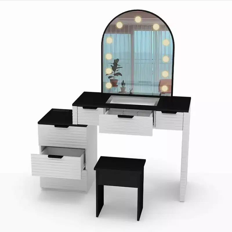 Makeup Vanity Desk with Mirror Lights Glass Tabletop Vanity Table Modern Makeup Desk with Drawers for Bedroom US Plug
