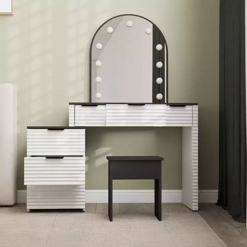 Makeup Vanity Desk with Mirror Lights Glass Tabletop Vanity Table Modern Makeup Desk with Drawers for Bedroom US Plug