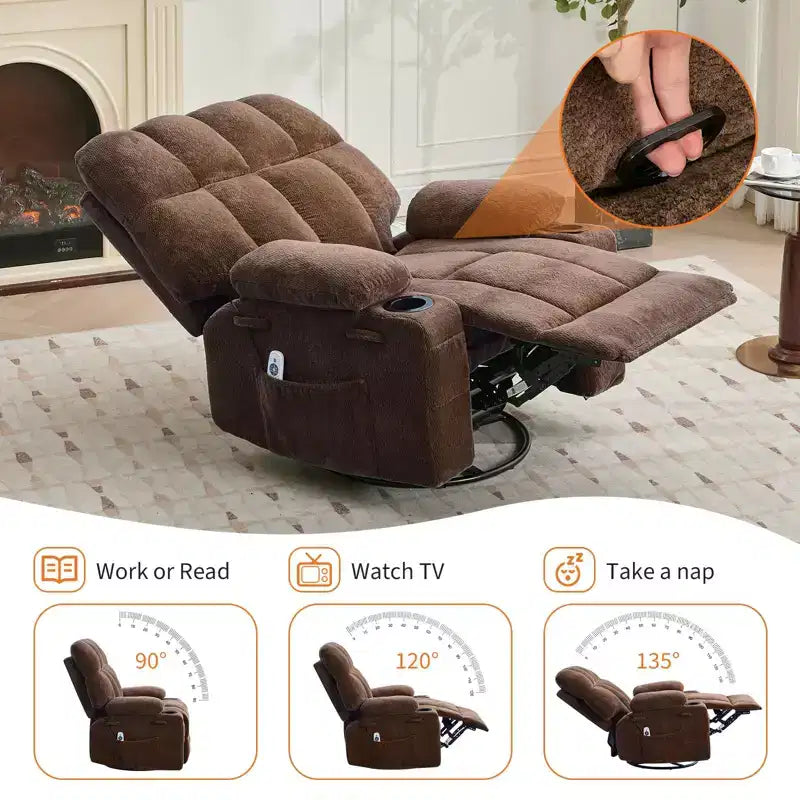 Ultra-Comfort Oversized Massage Recliner Chair with Heat, Manual Swivel Rocker,Includes Lumbar Support,Side Pockets&Dual Cup Holders for Big and Tall
