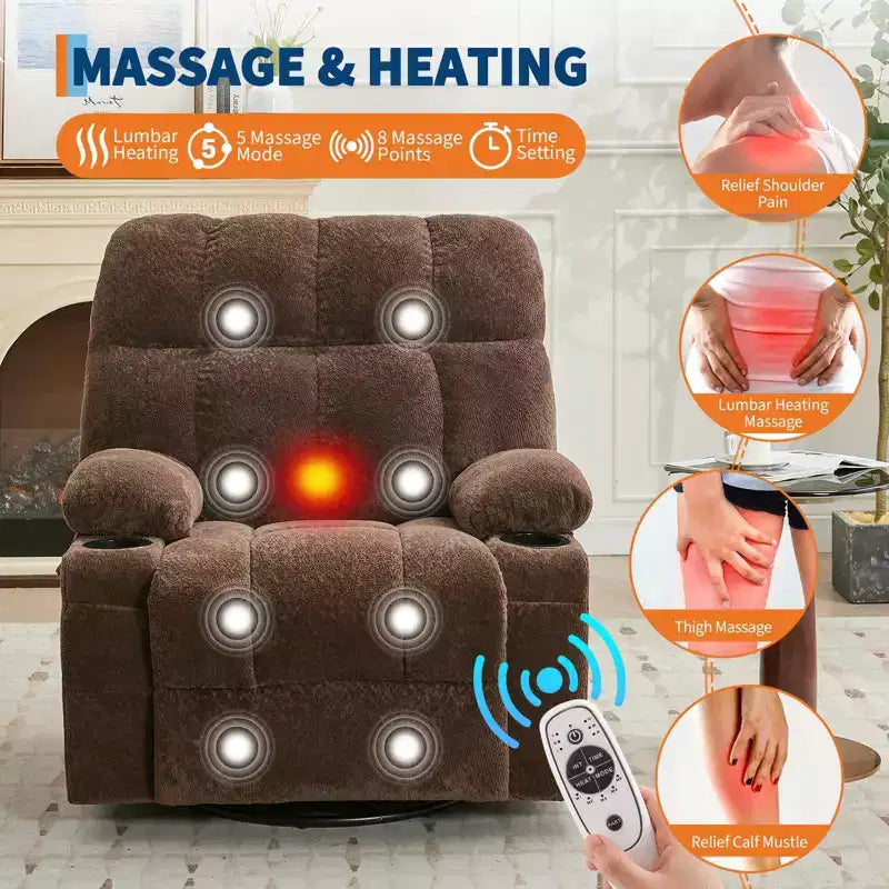Ultra-Comfort Oversized Massage Recliner Chair with Heat, Manual Swivel Rocker,Includes Lumbar Support,Side Pockets&Dual Cup Holders for Big and Tall