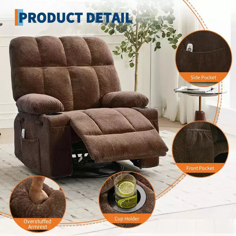Ultra-Comfort Oversized Massage Recliner Chair with Heat, Manual Swivel Rocker,Includes Lumbar Support,Side Pockets&Dual Cup Holders for Big and Tall