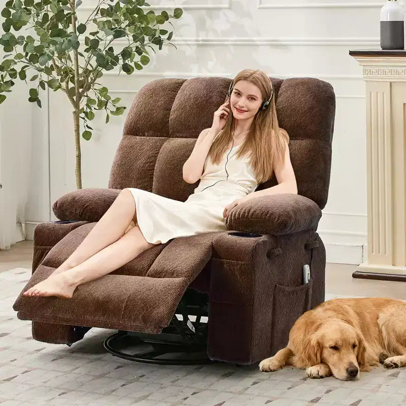 Ultra-Comfort Oversized Massage Recliner Chair with Heat, Manual Swivel Rocker,Includes Lumbar Support,Side Pockets&Dual Cup Holders for Big and Tall