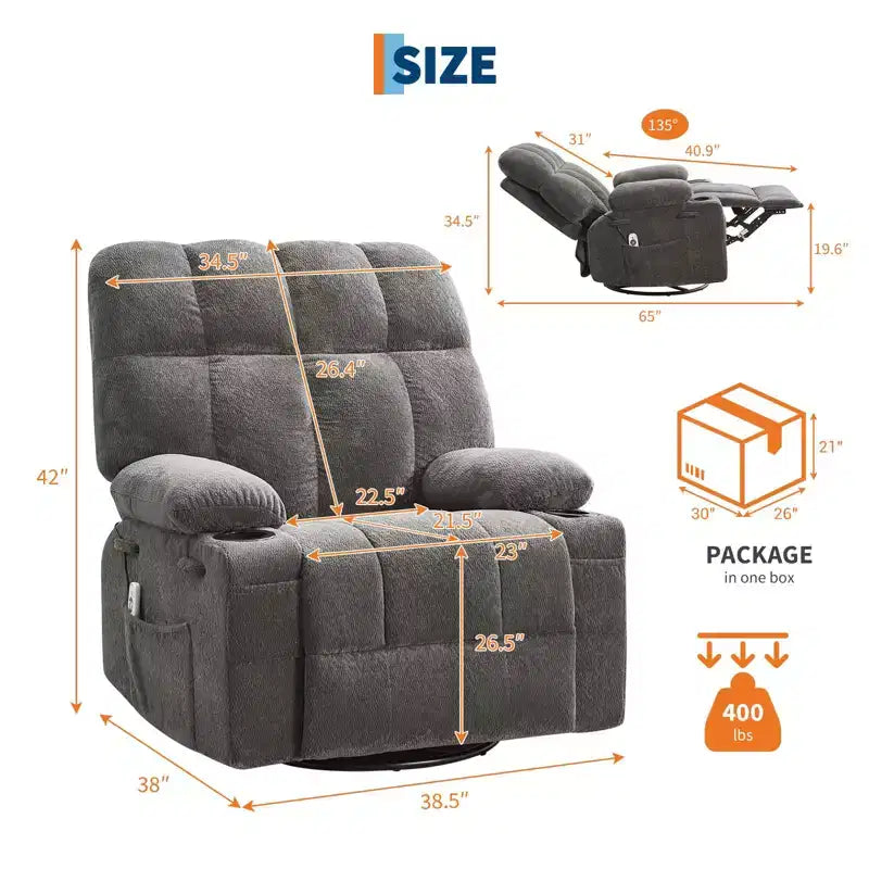 Ultra-Comfort Oversized Massage Recliner Chair with Heat, Manual Swivel Rocker,Includes Lumbar Support,Side Pockets&Dual Cup Holders for Big and Tall