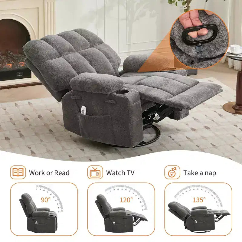 Ultra-Comfort Oversized Massage Recliner Chair with Heat, Manual Swivel Rocker,Includes Lumbar Support,Side Pockets&Dual Cup Holders for Big and Tall
