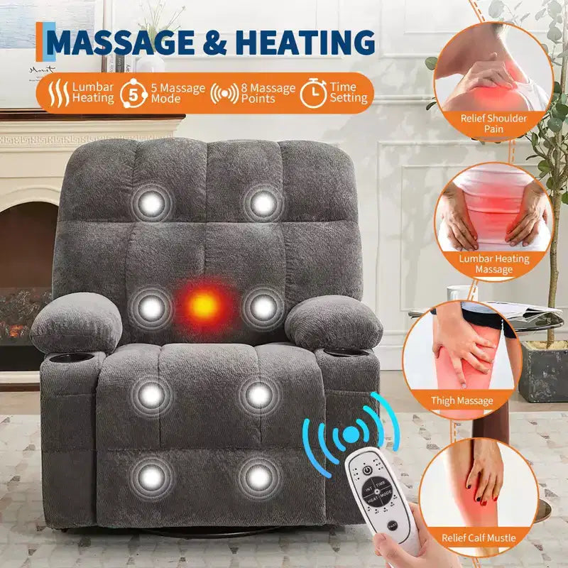 Ultra-Comfort Oversized Massage Recliner Chair with Heat, Manual Swivel Rocker,Includes Lumbar Support,Side Pockets&Dual Cup Holders for Big and Tall