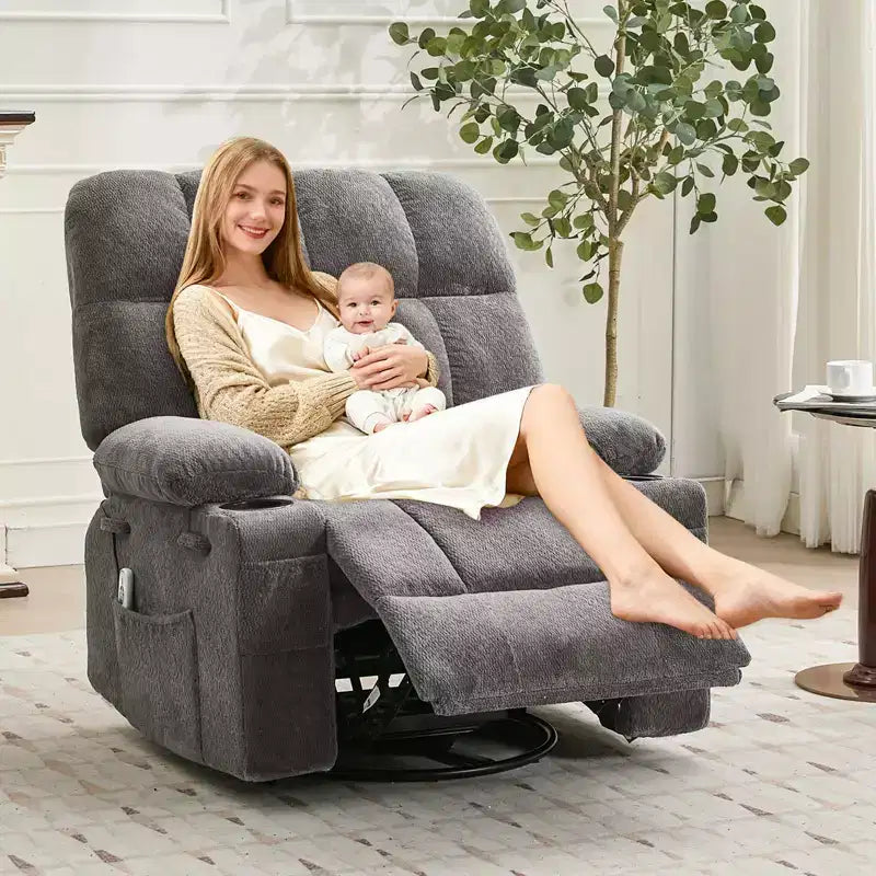 Ultra-Comfort Oversized Massage Recliner Chair with Heat, Manual Swivel Rocker,Includes Lumbar Support,Side Pockets&Dual Cup Holders for Big and Tall