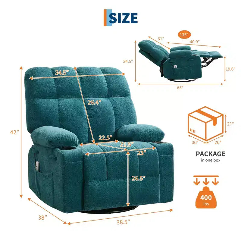 Ultra-Comfort Oversized Massage Recliner Chair with Heat, Manual Swivel Rocker,Includes Lumbar Support,Side Pockets&Dual Cup Holders for Big and Tall