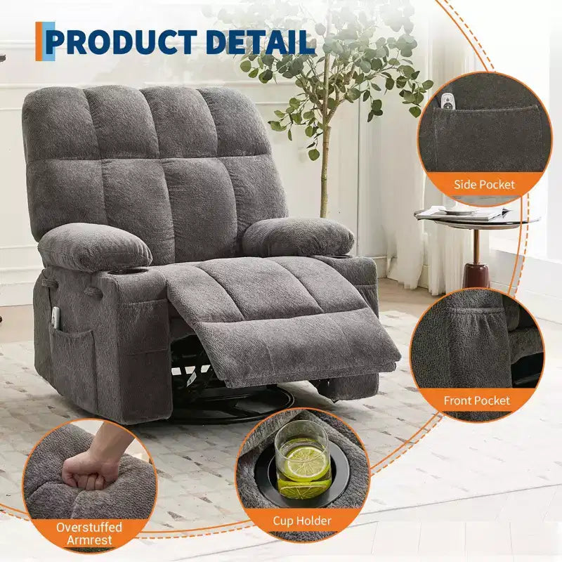 Ultra-Comfort Oversized Massage Recliner Chair with Heat, Manual Swivel Rocker,Includes Lumbar Support,Side Pockets&Dual Cup Holders for Big and Tall
