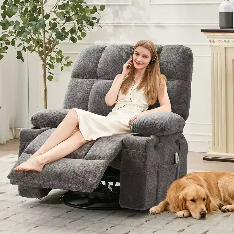 Ultra-Comfort Oversized Massage Recliner Chair with Heat, Manual Swivel Rocker,Includes Lumbar Support,Side Pockets&Dual Cup Holders for Big and Tall