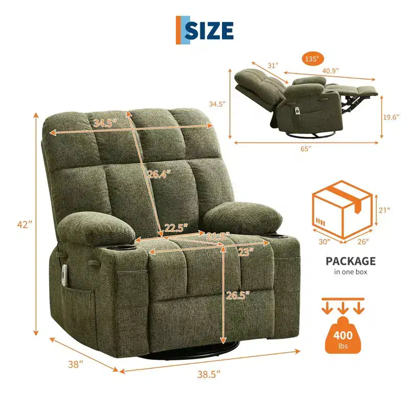 Ultra-Comfort Oversized Massage Recliner Chair with Heat, Manual Swivel Rocker,Includes Lumbar Support,Side Pockets&Dual Cup Holders for Big and Tall