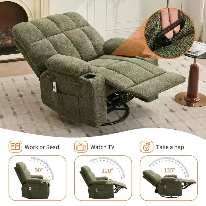 Ultra-Comfort Oversized Massage Recliner Chair with Heat, Manual Swivel Rocker,Includes Lumbar Support,Side Pockets&Dual Cup Holders for Big and Tall