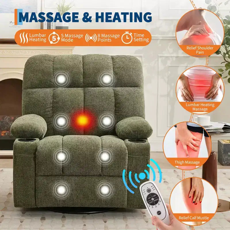 Ultra-Comfort Oversized Massage Recliner Chair with Heat, Manual Swivel Rocker,Includes Lumbar Support,Side Pockets&Dual Cup Holders for Big and Tall