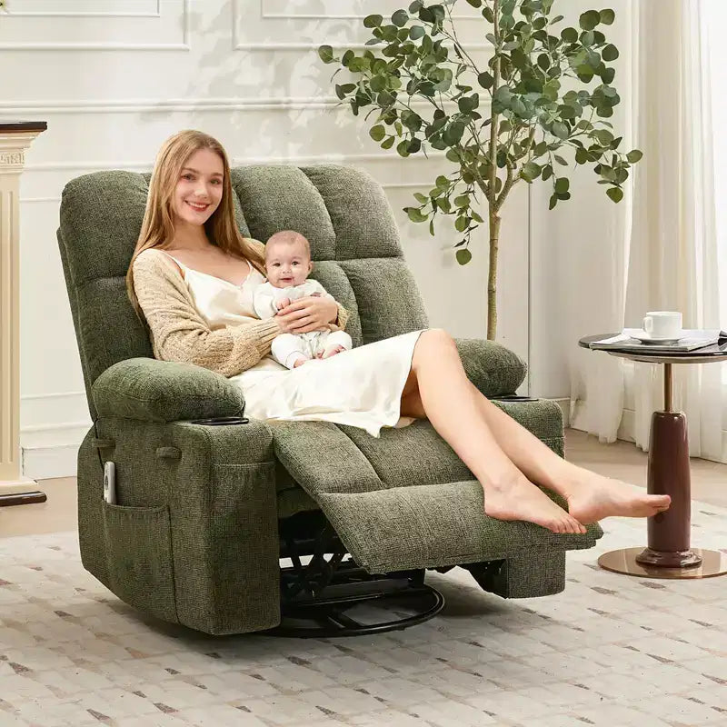 Ultra-Comfort Oversized Massage Recliner Chair with Heat, Manual Swivel Rocker,Includes Lumbar Support,Side Pockets&Dual Cup Holders for Big and Tall