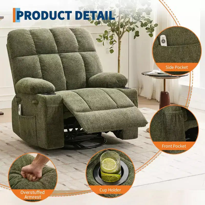 Ultra-Comfort Oversized Massage Recliner Chair with Heat, Manual Swivel Rocker,Includes Lumbar Support,Side Pockets&Dual Cup Holders for Big and Tall