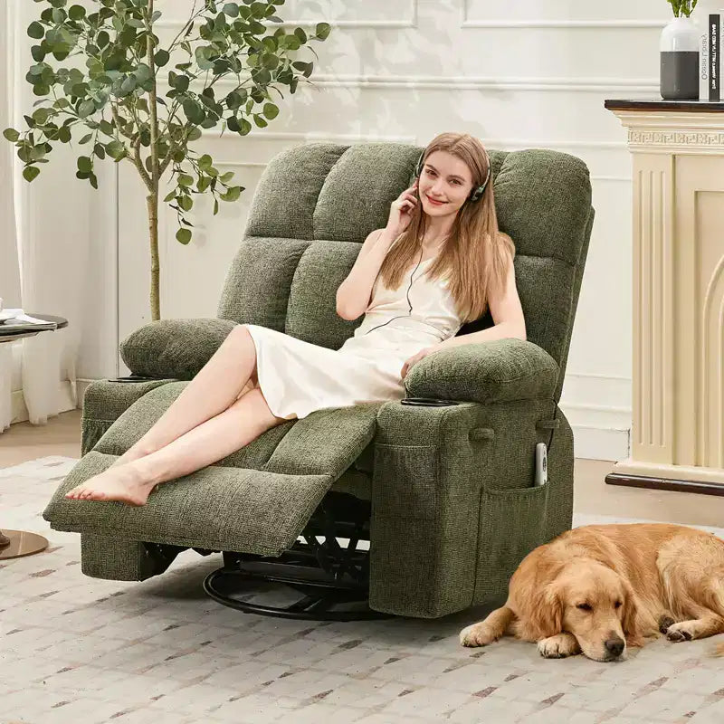 Ultra-Comfort Oversized Massage Recliner Chair with Heat, Manual Swivel Rocker,Includes Lumbar Support,Side Pockets&Dual Cup Holders for Big and Tall