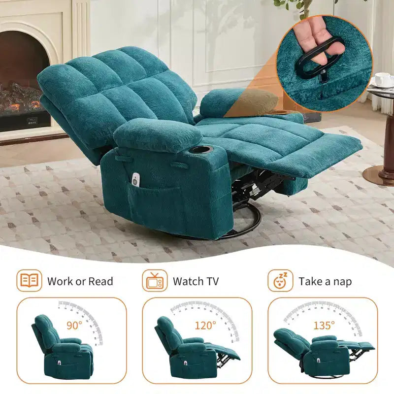 Ultra-Comfort Oversized Massage Recliner Chair with Heat, Manual Swivel Rocker,Includes Lumbar Support,Side Pockets&Dual Cup Holders for Big and Tall