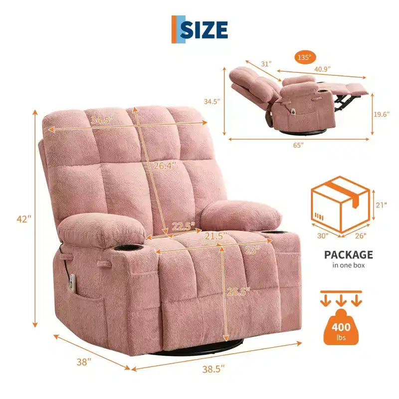 Ultra-Comfort Oversized Massage Recliner Chair with Heat, Manual Swivel Rocker,Includes Lumbar Support,Side Pockets&Dual Cup Holders for Big and Tall
