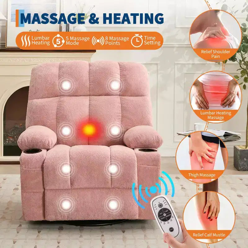 Ultra-Comfort Oversized Massage Recliner Chair with Heat, Manual Swivel Rocker,Includes Lumbar Support,Side Pockets&Dual Cup Holders for Big and Tall