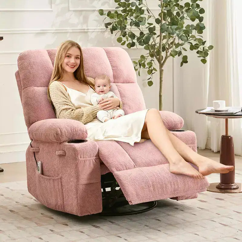 Ultra-Comfort Oversized Massage Recliner Chair with Heat, Manual Swivel Rocker,Includes Lumbar Support,Side Pockets&Dual Cup Holders for Big and Tall