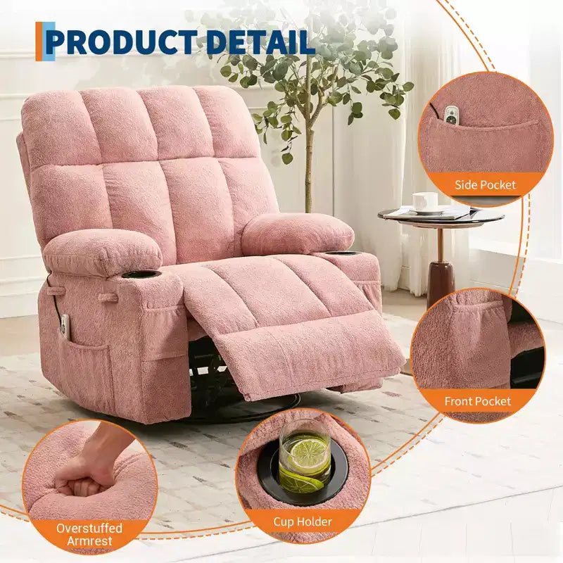 Ultra-Comfort Oversized Massage Recliner Chair with Heat, Manual Swivel Rocker,Includes Lumbar Support,Side Pockets&Dual Cup Holders for Big and Tall