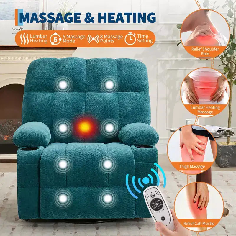 Ultra-Comfort Oversized Massage Recliner Chair with Heat, Manual Swivel Rocker,Includes Lumbar Support,Side Pockets&Dual Cup Holders for Big and Tall