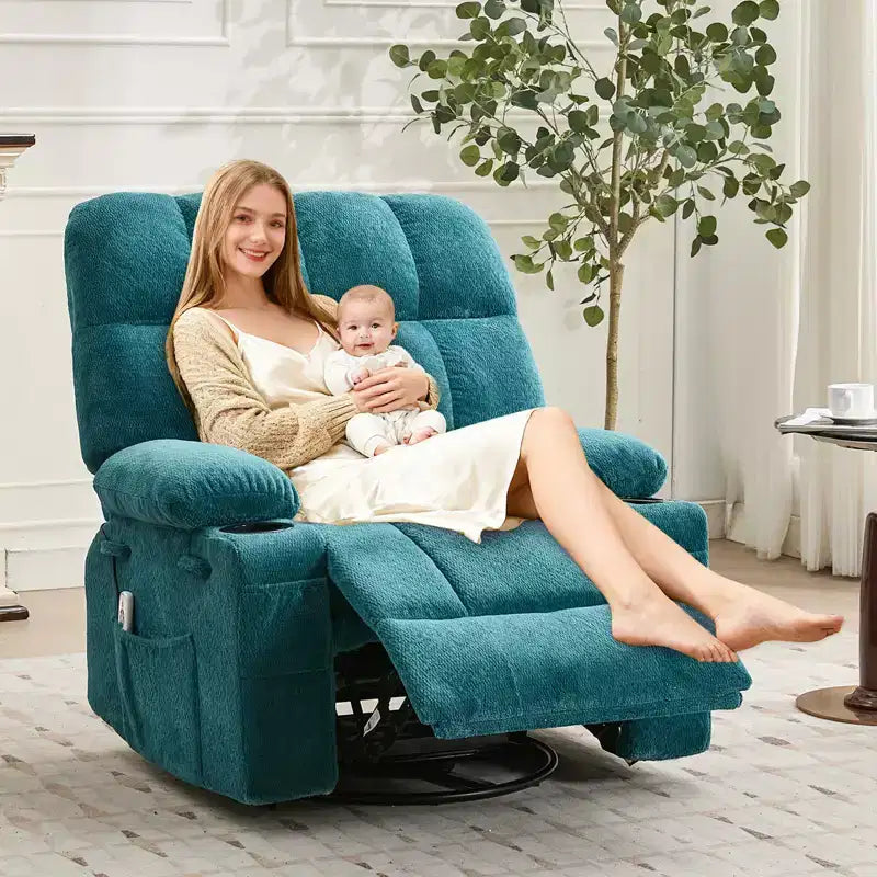 Ultra-Comfort Oversized Massage Recliner Chair with Heat, Manual Swivel Rocker,Includes Lumbar Support,Side Pockets&Dual Cup Holders for Big and Tall