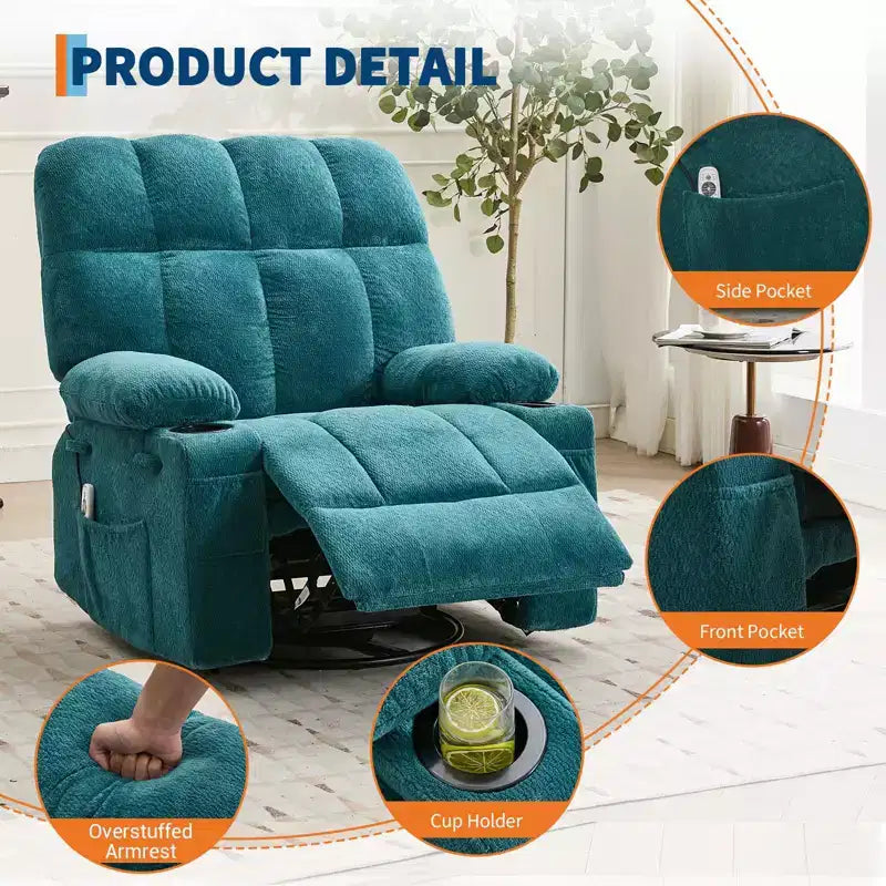 Ultra-Comfort Oversized Massage Recliner Chair with Heat, Manual Swivel Rocker,Includes Lumbar Support,Side Pockets&Dual Cup Holders for Big and Tall