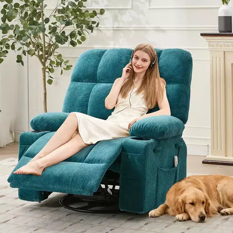 Ultra-Comfort Oversized Massage Recliner Chair with Heat, Manual Swivel Rocker,Includes Lumbar Support,Side Pockets&Dual Cup Holders for Big and Tall