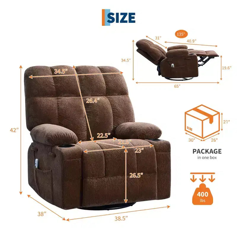 Ultra-Comfort Oversized Massage Recliner Chair with Heat, Manual Swivel Rocker,Includes Lumbar Support,Side Pockets&Dual Cup Holders for Big and Tall