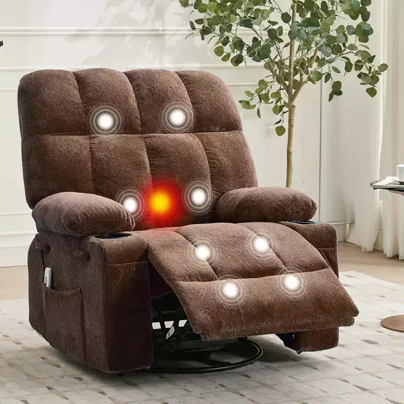 Fauteuil inclinable de massage surdimensionné ultra-confortable avec chauffage, pivotant manuel, support lombaire, poches latérales et deux porte-gobelets pour personnes fortes et de grande taille