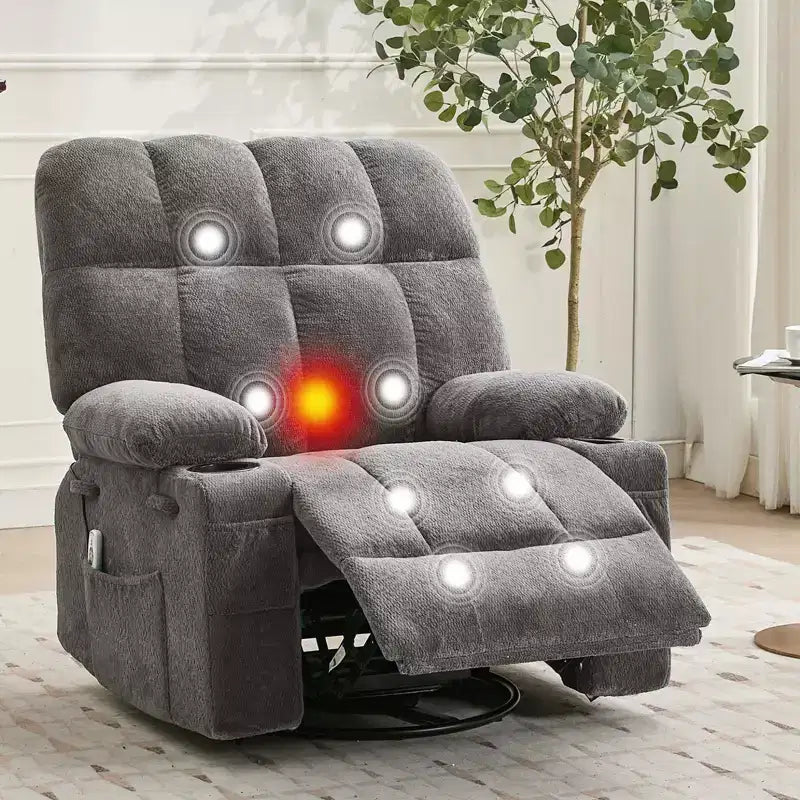 Fauteuil inclinable de massage surdimensionné ultra-confortable avec chauffage, pivotant manuel, support lombaire, poches latérales et deux porte-gobelets pour personnes fortes et de grande taille