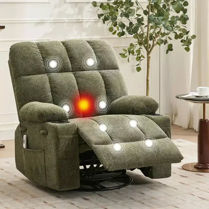 Fauteuil inclinable de massage surdimensionné ultra-confortable avec chauffage, pivotant manuel, support lombaire, poches latérales et deux porte-gobelets pour personnes fortes et de grande taille