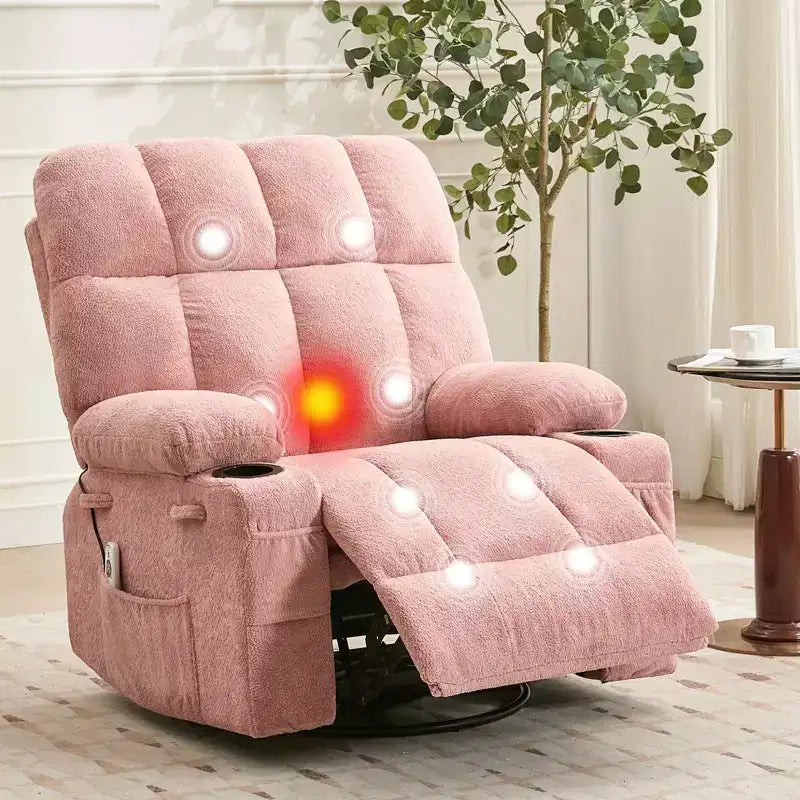 Fauteuil inclinable de massage surdimensionné ultra-confortable avec chauffage, pivotant manuel, support lombaire, poches latérales et deux porte-gobelets pour personnes fortes et de grande taille