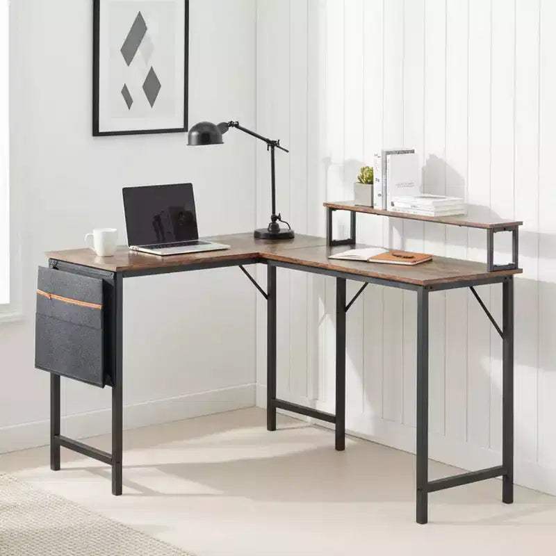 FurnitureR L Shaped Computer Desk Reversible, Corner Desk with Storage Bag, Home Office Desk Writing L Table 48.8 Inch Computer Desk with Shelf, Brown