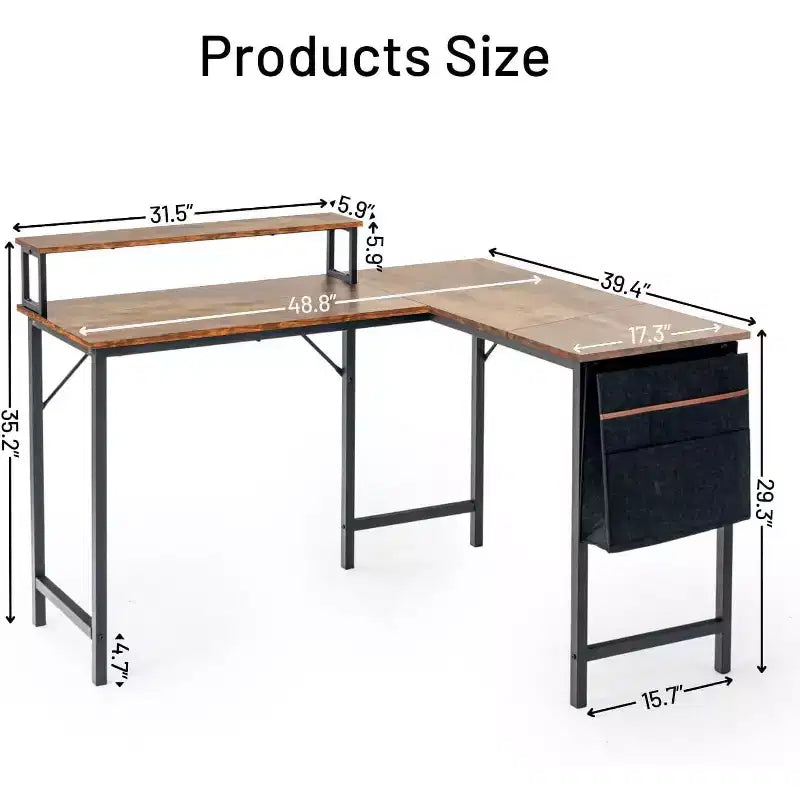 L Shaped Computer Desk Reversible, Corner Desk with Storage Bag, Home Office Desk Writing L Table 48.8 Inch Computer Desk with Shelf, Brown