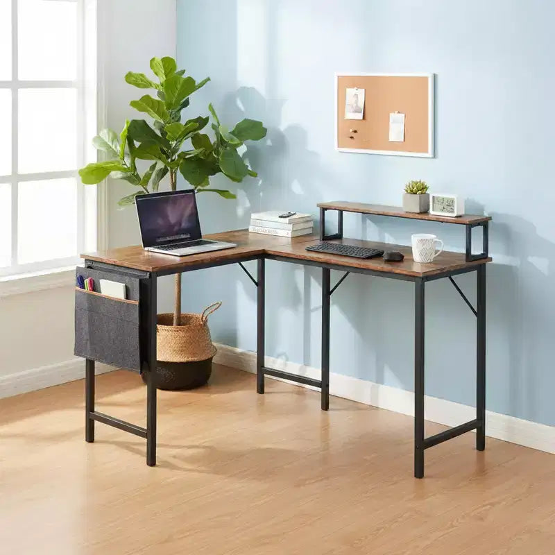 L Shaped Computer Desk Reversible, Corner Desk with Storage Bag, Home Office Desk Writing L Table 48.8 Inch Computer Desk with Shelf, Brown