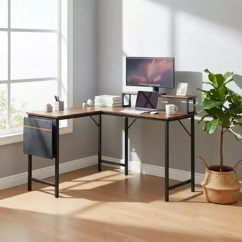 L Shaped Computer Desk Reversible, Corner Desk with Storage Bag, Home Office Desk Writing L Table 48.8 Inch Computer Desk with Shelf, Brown