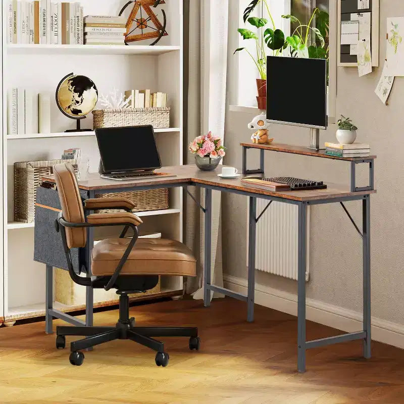 L Shaped Computer Desk Reversible, Corner Desk with Storage Bag, Home Office Desk Writing L Table 48.8 Inch Computer Desk with Shelf, Brown