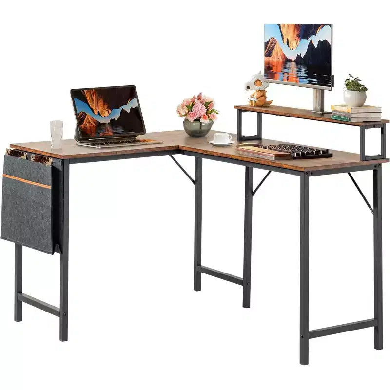 L Shaped Computer Desk Reversible, Corner Desk with Storage Bag, Home Office Desk Writing L Table 48.8 Inch Computer Desk with Shelf, Brown