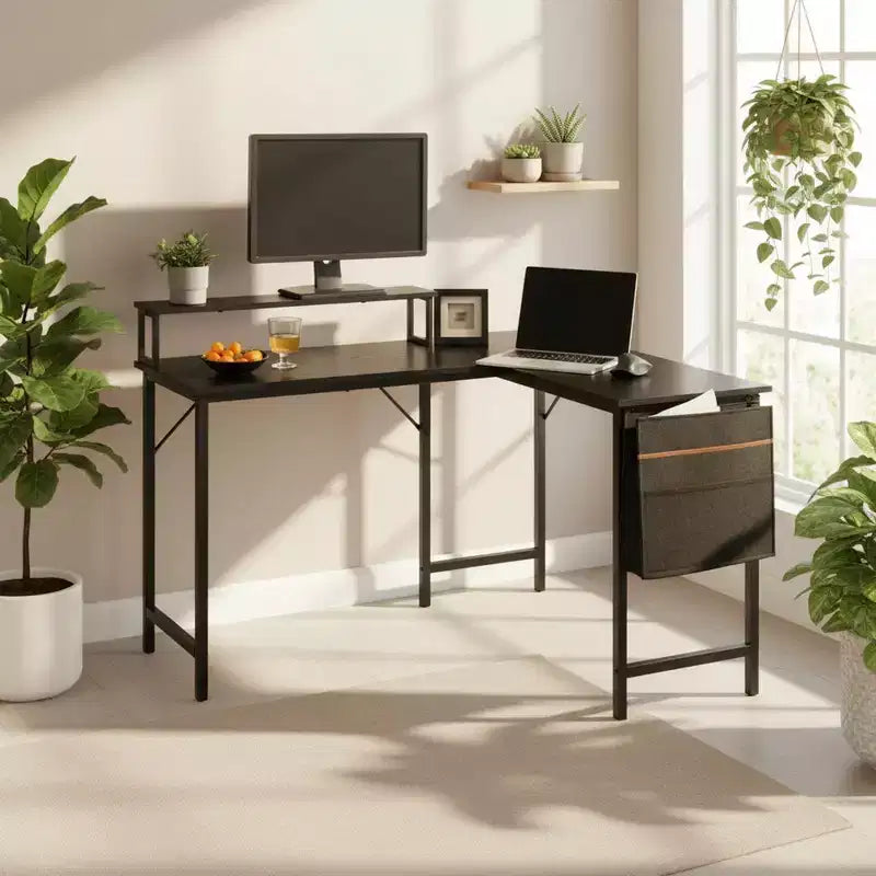FurnitureR L Shaped Computer Desk Reversible with LED Lights, 48.8 Writing Gaming Table with Shelf, Home Office Desk Corner Desk with Storage Bag