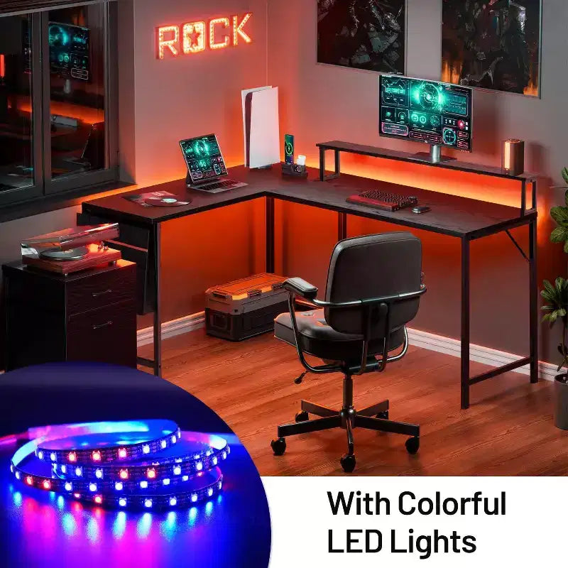 L Shaped Computer Desk Reversible with LED Lights, 48.8 Writing Gaming Table with Shelf, Home Office Desk Corner Desk with Storage Bag