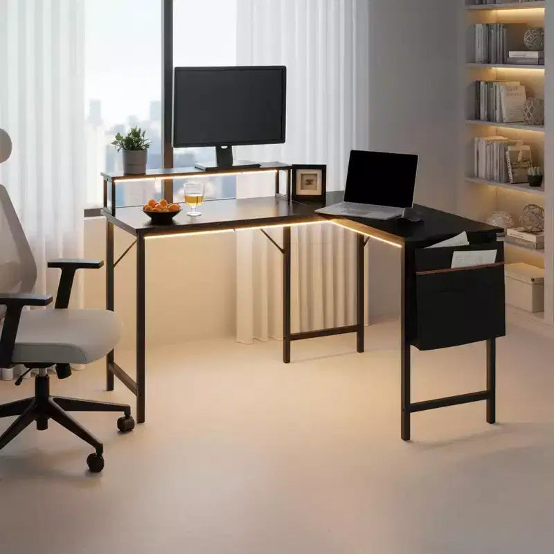 L Shaped Computer Desk Reversible with LED Lights, 48.8 Writing Gaming Table with Shelf, Home Office Desk Corner Desk with Storage Bag